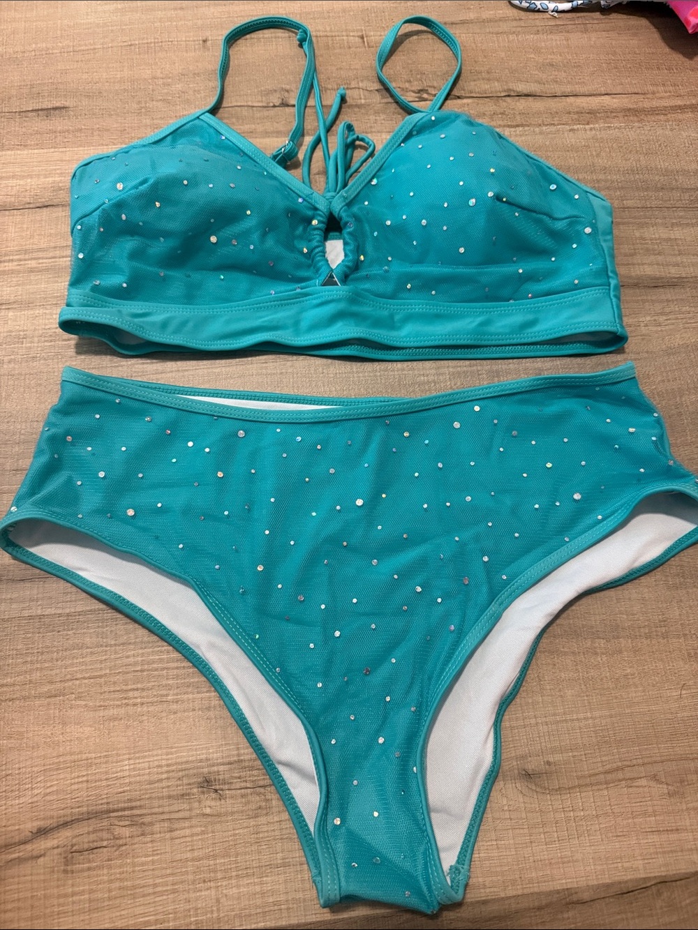 NEW SHEIN Teal Sequin Two-Piece Swim Set